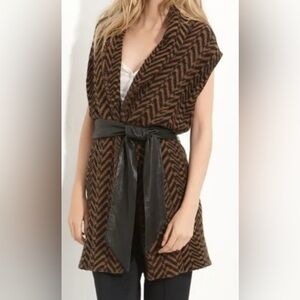 Elizabeth & James Black Brown Angora Wool Knit Duster Coat Belted Small Chevron